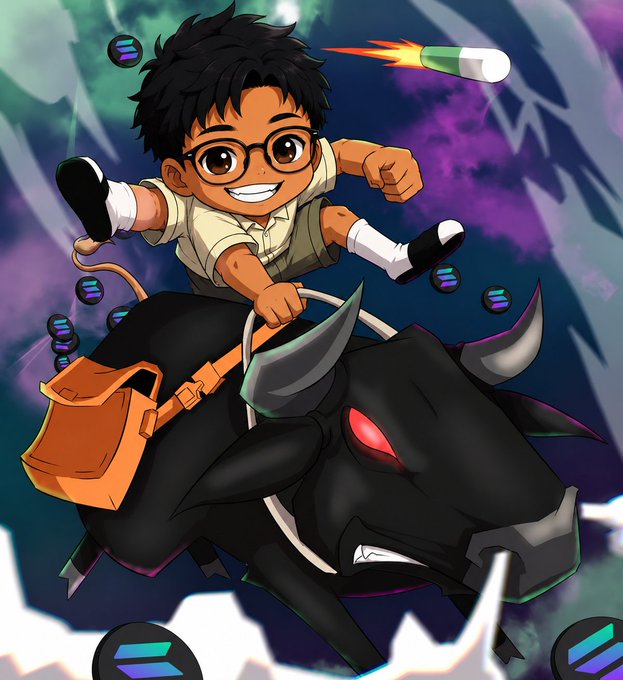A cheerful chibi-style character with glasses rides a charging black bull with glowing red eyes, dodging a rocket and flying Solana (SOL) logo coins, capturing the high-energy, risk-taking spirit of crypto trading and meme coin speculation.

No visible text, numbers, tickers, or names appear in the image itself.