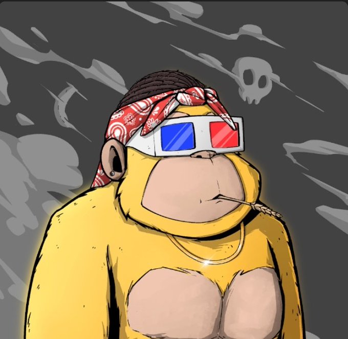 The image features a cartoon monkey wearing glasses, sunglasses, and a bandana around its neck while holding a cigarette. The monkey appears to be wearing a yellow shirt with a chain design. In the background, there are clouds that give an impression of a stormy sky. The caption reads "Good afternoon @useTria Frictionless experience. Cross chain design skips manual switches entirely, while the underlying intent setup manages heavy lifting to stop cross network headaches".