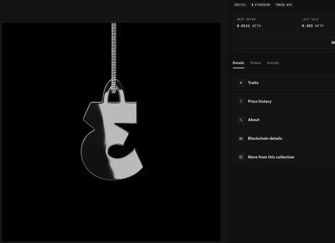 A digital NFT pendant shaped like the number '3' is displayed on a dark blockchain marketplace interface.