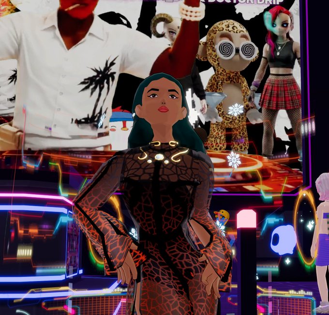 An avatar in Decentraland poses confidently in a stylish black and orange patterned "Witch Dress" outfit, standing in a vibrant neon-lit virtual club scene with other characters and a plush leopard toy in the background. The post celebrates the wearable as one of their first Digital Couture Loop (DCL) fashion items, showcasing its enduring appeal in the metaverse.