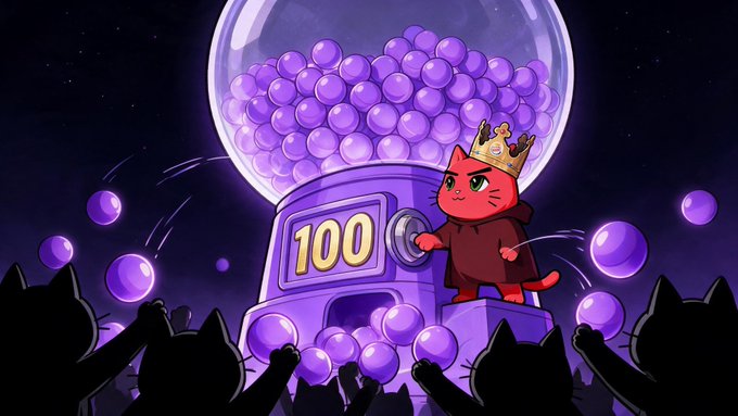 A cartoon red cat wearing a crown and brown robe stands next to a gumball machine displaying "100," while silhouetted cats below hold purple bubbles.