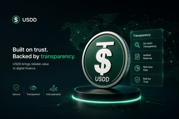 Another USDD promotional graphic showing a green USDD coin with the text "Built on trust. Backed by transparency." alongside a transparency feature panel listing on-chain transparency, audited reserves, and real-time data.