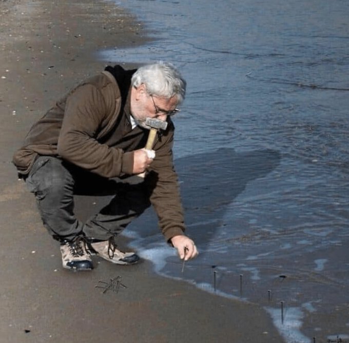 An older man with gray hair crouches on a beach, holding a hammer near his face while inserting nails into the wet sand where waves meet the shore.