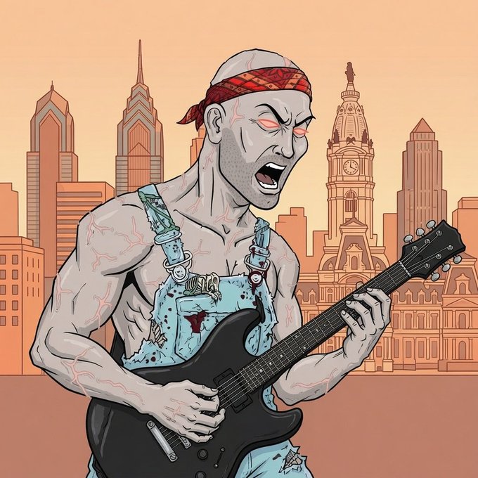 Cartoon illustration of a shirtless, muscular man with glowing red eyes, a red bandana, and exposed internal mechanics playing an electric guitar against a stylized Philadelphia skyline at sunset.