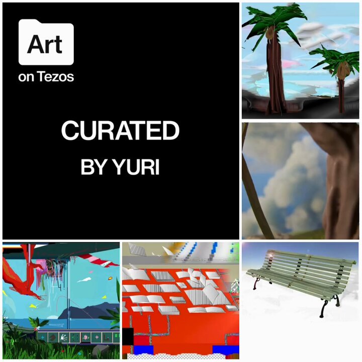 The image features a collage of five different pictures arranged vertically against each other with the title "Curated" written at the top. The first picture shows an abstract scene, while the second one depicts a beach setting with palm trees. The third picture is a digital illustration of a cityscape, and the fourth picture showcases a park bench surrounded by nature. The fifth picture features a close-up view of a tree trunk.