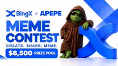A Binance meme contest graphic shows Baby Yoda with the text “BingX × APEPE MEME CONTEST,” “CREATE. SHARE. MEME.,” and “$6,500 PRIZE POOL.”