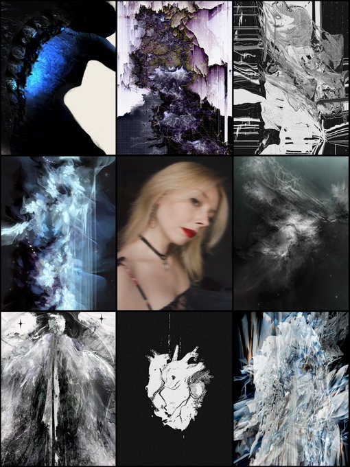 A 3x3 collage of dark, moody images featuring textured paintings, ethereal white forms, and a blurry portrait of a blonde woman with red lipstick in the center panel.