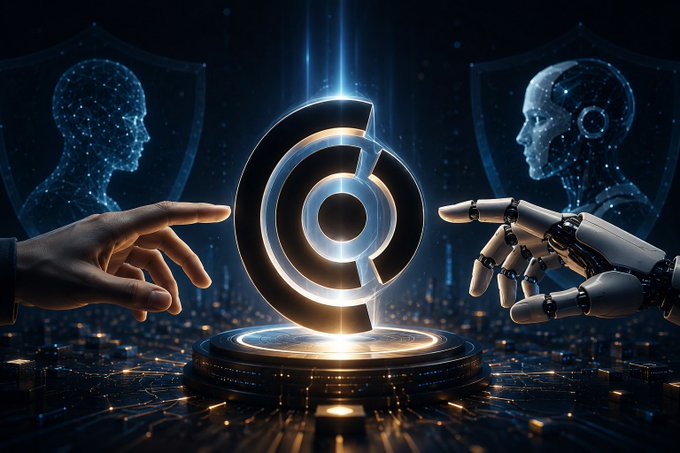 A futuristic digital artwork depicting a human hand and a robotic hand reaching toward each other across a glowing circular platform with a stylized logo, surrounded by digital humanoid silhouettes in blue tones.