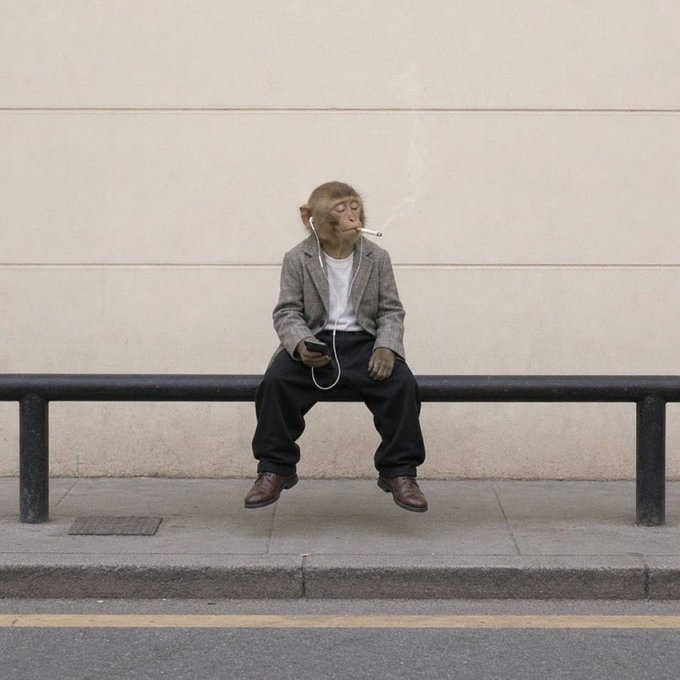 A monkey wearing a grey blazer, white shirt, and black pants sits on a bench smoking a cigarette and holding a phone, with earphones dangling.