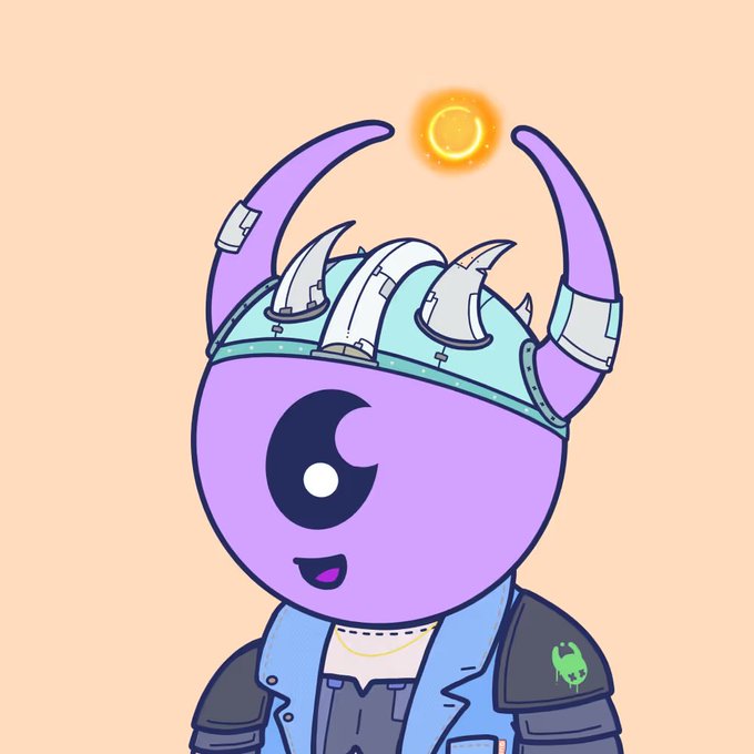 A cartoon character with purple skin, wearing a horned helmet and a blue vest, with a small glowing sun-like object floating above its head.