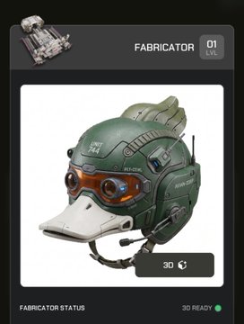 A video game interface showing a Fabricator at Level 01, displaying a 3D model of a green futuristic helmet with goggles and '3D READY' status at the bottom.