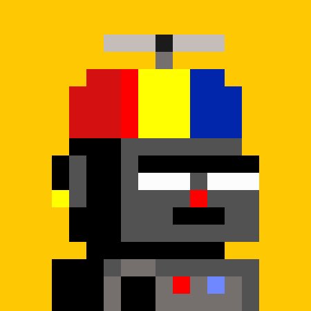 Pixel art illustration of a gray robotic character with red, yellow, and blue colored panels on its head and red and blue details on its body, set against a solid yellow background.