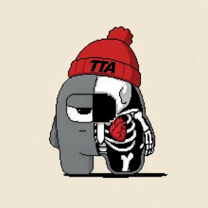 Cartoon illustration of a character that is half grey blob and half skeleton, wearing a red beanie with the letters 'TTA' on it.