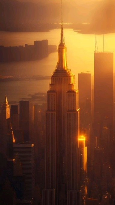 The Empire State Building glows golden during sunrise over New York City, greeting the day alongside the message "Good morning everyone."

The warm, sunlit scene of the iconic skyscraper bathed in morning light perfectly complements the cheerful sunrise greeting, evoking the start of a new day.
