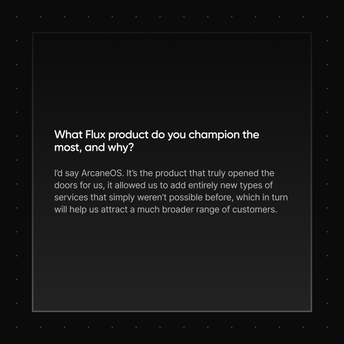 A dark-themed quote card displays the question "What Flux product do you champion the most, and why?" with the response highlighting **ArcaneOS** as the product that unlocked entirely new service possibilities and broadened their customer base. The image complements the post's security claims by positioning ArcaneOS as a flagship product, reinforcing the narrative that its transparency and simplicity make it a trustworthy, groundbreaking choice for infrastructure.