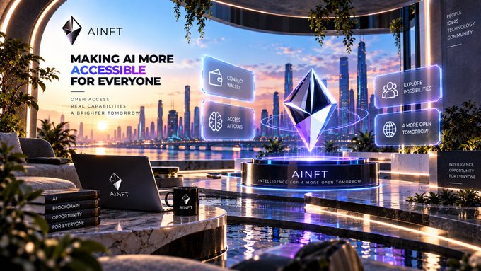 A promotional graphic for 'AINFT' featuring an Ethereum logo and text 'MAKING AI MORE ACCESSIBLE FOR EVERYONE', highlighting Connect Wallet, Access AI Tools, Explore Possibilities, and A More Open Tomorrow.