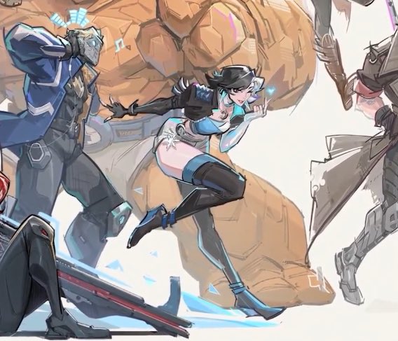 A stylized illustration shows a black-haired female character in a blue and white outfit striking a dynamic pose between two male figures in suits, with a large stone structure in the background. The scene captures Luna Snow, a Marvel character, in an energetic action stance that fits the post's caption about her "cleansing" the timeline with her signature ice-themed superhero flair.