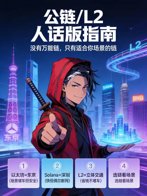The image is an anime-style infographic titled "公链/L2 人话版指南" (Public Chain/L2 Plain Language Guide), featuring a red-hooded swordsman pointing at the viewer against a neon cityscape backdrop labeled with "东京" (Tokyo), "Solana," "L2," and "BNB," while holding a holographic city model. Four numbered sections explain the analogies: ① 以太坊=东京 (Ethereum=Tokyo, expensive but safe), ② Solana=深圳 (Solana=Shenzhen, fast but occasional outages), ③ L2=立体交通 (L2=elevated transit, saves money), and ④ 选链看场景 (choose your chain based on scenario). The post's caption expands on these metaphors, emphasizing that L2 isn't just an "Ethereum patch" but rather a multi-layered transit system for cheaper transactions.