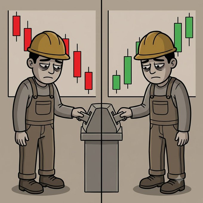 A cartoon illustration of two sad construction workers in hard hats and overalls standing back-to-back holding a gear/anchor between them, with bearish (red) and bullish (green) candlestick charts behind each.
