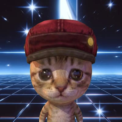 A digitally created image of a small kitten or cat wearing a red cap, set against a retro-style 80s synthwave grid background with stars.