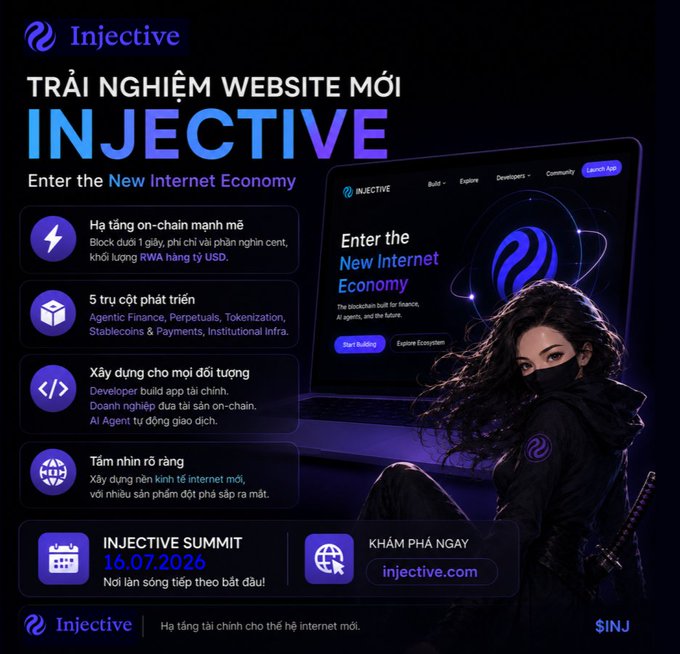 A promotional graphic in Vietnamese for 'INJECTIVE' announcing a new website experience, with text 'TRẢI NGHIỆM WEBSITE MỚI' and an 'INJECTIVE SUMMIT' date of 16.07.2026.
