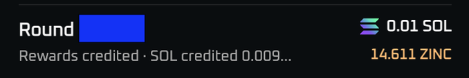 The image shows a screenshot of an app that displays a user's progress with rewards earned and credits credited. In particular, the text indicates that the user has successfully completed mining for Zinc and was rewarded with 0.01 Sol.