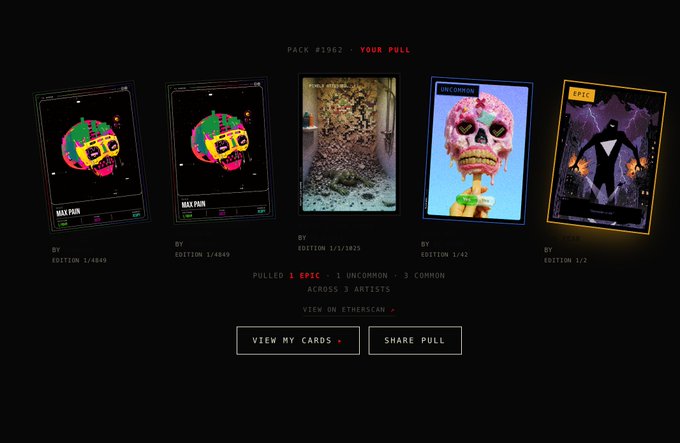 A screenshot of an NFT collection interface showing a "PACK #1962" card pull that revealed three cards—labeled "BULL PAIN", an image of rats, "UNCOMMON", and "EPIC"—with text indicating "PULLED 3 EPIC", "1 UNCOMMON", "3 COMMON" across 3 artists.