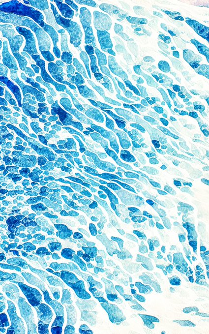 The image features a watercolor painting that depicts a blue wave-like pattern, creating an abstract art style. The colors used are predominantly blue and white, giving the artwork a serene and calming atmosphere. The artist has applied the paint in a way that makes it appear as if the waves are crashing onto the canvas, adding depth to the piece. The painting is displayed on a gray background, which further accentuates its visual impact.