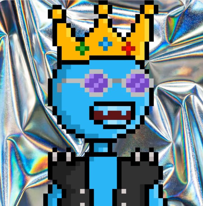 A pixel art illustration of a blue-skinned king wearing a crown and sunglasses, set against a chrome background.