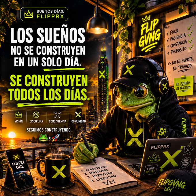 A digital promotional graphic featuring a frog wearing a black 'X' cap and 'X' hoodie, sitting at a desk with a notebook and laptop. The graphic includes Spanish text like 'LOS SUEÑOS NO SE CONSTRUYEN EN UN SOLO DÍA' and branding for 'FLIPPRX' and 'FLIPGVNG'.