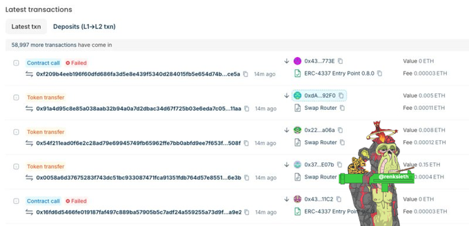The image shows a Etherscan-style transaction list displaying "Latest transactions" for what appears to be the Robinhood Chain, featuring multiple Contract Calls and Token Transfers (including 0x43...773E, 0xA4...92F0, and 0x37...E07b) with most transactions timestamped "14m ago," supporting the post's claim that Robinhood Chain halted block production and left transactions stuck for at least 14 minutes.