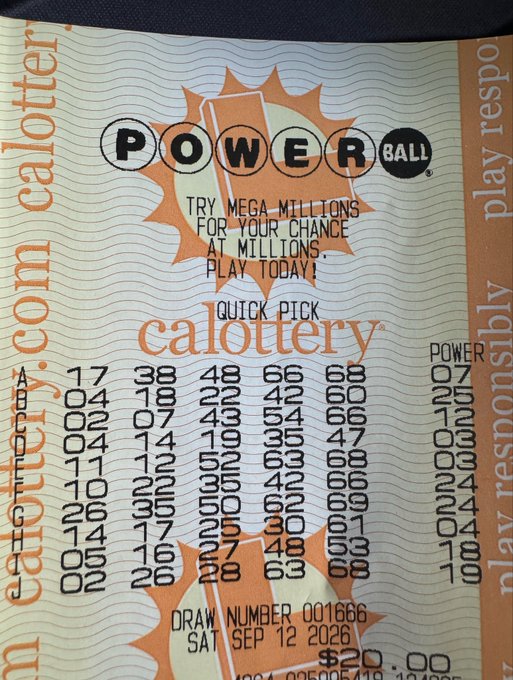 A California Lottery Powerball Quick Pick ticket showing draw number 001666 for Saturday, September 12, 2026, with selected numbers including 17, 38, 48, 66, 68 and Powerball 07. The image ties into a social media giveaway where the user is offering 50 $SOL each to 500 random commenters, using the lotto ticket as a playful "free chance to win" hook.