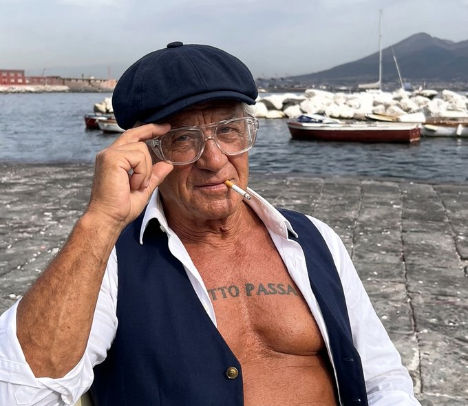 A close-up portrait of an older man wearing a flat cap and glasses, with a chest tattoo reading 'TTO PASSA', smoking a cigarette by a harbor with boats and a mountain in the background.