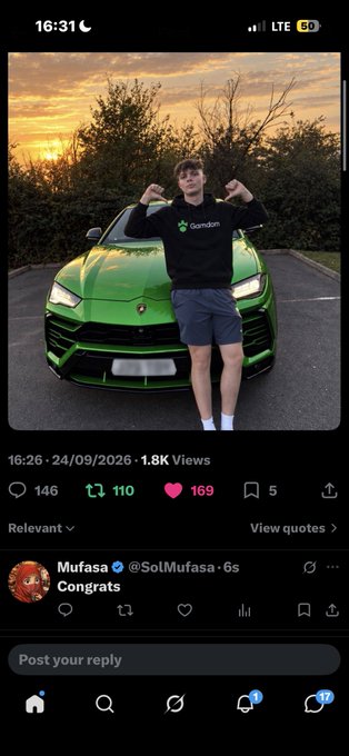 A Twitter/X screenshot showing a young man posing in front of a green Lamborghini at sunset, wearing a black Gumtree hoodie, with engagement metrics of 146 replies, 110 reposts, and 169 likes, including a reply from @SolMufasa saying 'Congrats'.