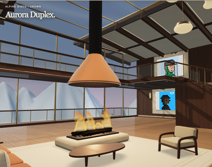 Screenshot of a virtual home interior labeled 'Alpine Disco Crown Aurora Duplex' featuring a fireplace, hanging lamp, and pixel art displays.
