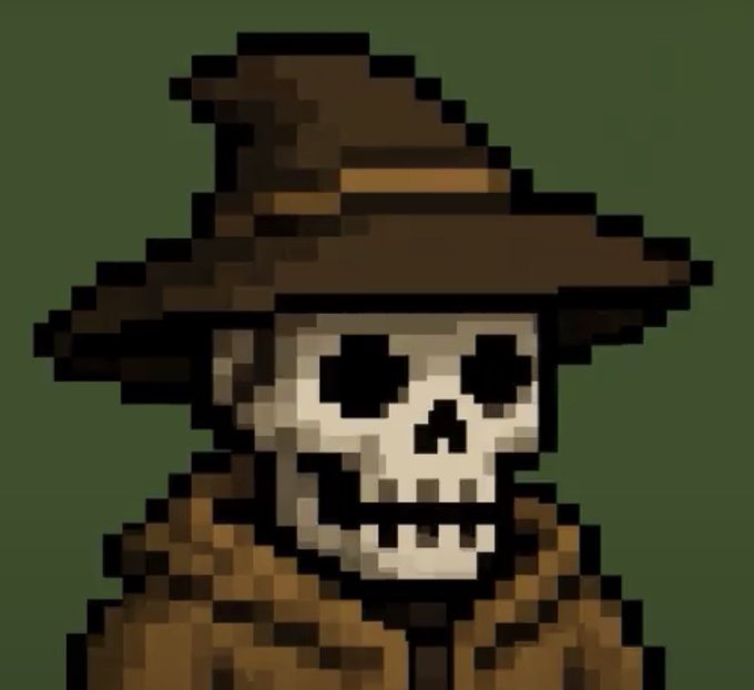 A pixel art illustration of a skeleton wearing a brown fedora hat and brown duster coat against a dark green backdrop, styled like a cowboy undead character.