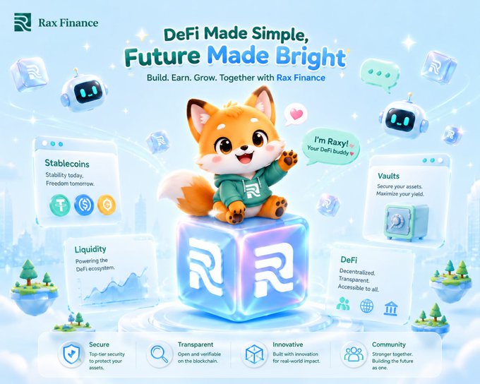 A bright promotional banner for 'Rax Finance' featuring a cute cartoon fox mascot on an ice cube, advertising 'DeFi Made Simple, Future Made Bright' with features like Stablecoins, Vaults, Liquidity, and DeFi.