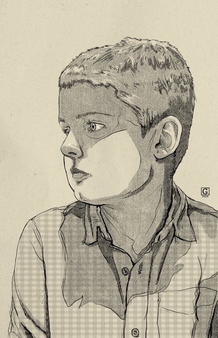 Pencil sketch portrait of a young man in a plaid/checkered shirt, drawn in profile with a blank uncolored patch on his cheek, signed with a 'G' logo.