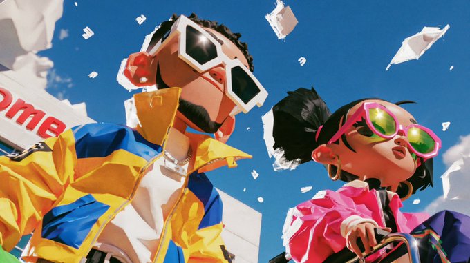 A vibrant 3D cartoon-style illustration of two stylish characters wearing sunglasses, with paper airplanes flying around them against a blue sky.
