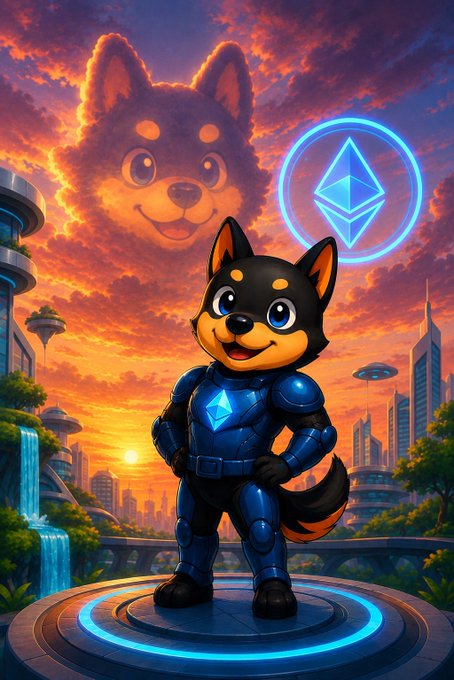 Digital artwork of a Shiba Inu dog wearing futuristic blue armor, standing on a circular platform with a giant dog-shaped cloud and the Ethereum logo glowing in a sunset sky background.