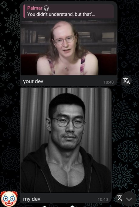 A Telegram chat screenshot displays two messages: one from "Palmar" (labeled "your dev") showing a long-haired person with glasses saying, "You didn't understand, but that...", and a black-and-white photo of a muscular, bespectacled man labeled "my dev," both timestamped 10:40, set against a decorative floral background.