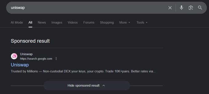 A Google search for "uniswap" shows a sponsored result at the top linking to "uniswap.com," which the post highlights as a likely crypto wallet drainer posing as the legitimate Uniswap DEX. The irony, per the post, is that despite Uniswap's prominence, the platform allows this scam ad to appear above authentic results.