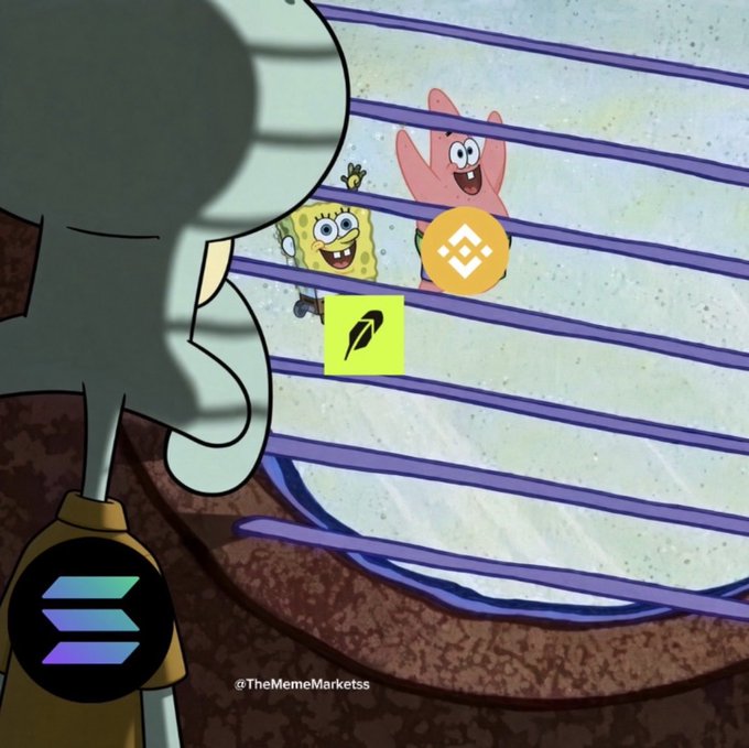 Meme-style image featuring Squidward in the foreground with SpongeBob and Patrick visible behind a window with blinds, overlaid with BNB and Solana logos, watermarked '@TheMemeMarketts'.