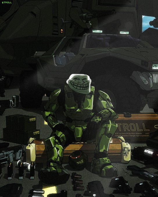 An illustration of a soldier in green futuristic armor with a 'troll face' helmet sitting on a crate labeled 'TROLL' in front of a military vehicle, surrounded by various weapons and equipment.