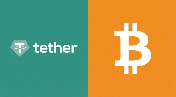 A split graphic features the Tether logo and wordmark on a teal background alongside a large white Bitcoin symbol on an orange background, visually representing Tether's recent acquisition of 1,800 BTC, bringing its total holdings to 98,936 BTC valued at approximately $6.2 billion.