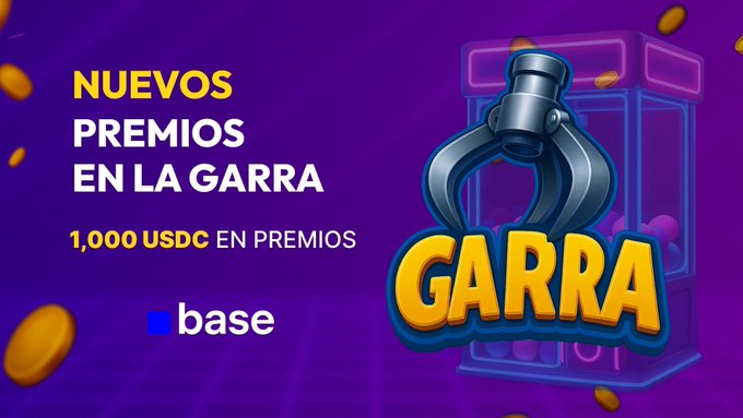 The image shows a poster for the video game "Garrara". The background of the poster features a purple hue with blue neon lights, giving it an edgy and futuristic look. The main feature of the poster is a claw machine that has a robot claw on top of it. Below the claw machine, there's text in Spanish that reads: "Nuevos promos en la garrara temos 1,000 USDC en precisos que se pagan a competir entrada. La ronda de desafíos, precisos y oportunidades para los que se mantienen a competir entrada. ... @base olaggio/es/mini-juegos". The image captures the essence of the video game and offers details for potential players to engage with the game.