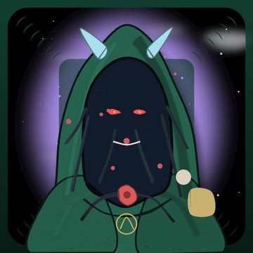 A digital illustration of a mysterious figure in a dark green hood with small horns, featuring red eyes and holding a small object, set against a dark purple background with a green symbol on its chest.