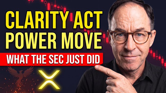 A YouTube thumbnail featuring a bespectacled man pointing toward bold yellow text reading "CLARITY ACT POWER MOVE" and "WHAT THE SEC JUST DID," alongside a red phoenix logo and the XRP "X" symbol, promoting a video about recent SEC developments and XRP whale activity.