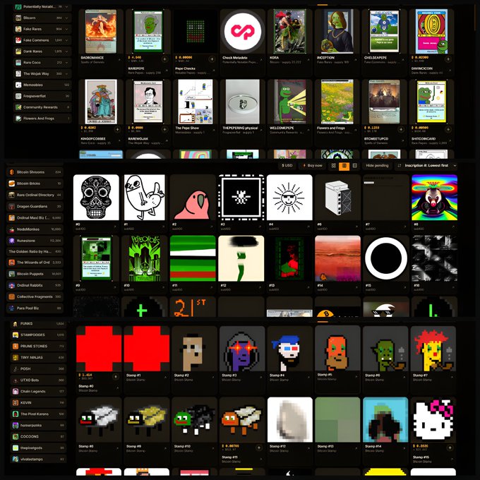 A screenshot of an NFT marketplace interface showing various digital art collections including Bitcoin Dinosaurs, Stamps, and Wizards, with Bitcoin Ordinals and inscriptions displayed in a grid layout.