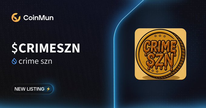 The image features a purple background with a white border, which prominently displays text that reads "New Listing @suicrimeszn $CRIMESZN crime szn is now listed on CoinMun. Market Cap: $13,500 Discover here: coinmun.com/coins/crime-sz #NewListing #CoinMun". The post also includes a small orange graphic of a gold coin labeled "CRIMESZN". The overall layout and presentation suggest that the image is related to a CoinMun cryptocurrency advertisement, possibly promoting the listing of a new cryptocurrency called "CRIMESZN" on their platform.